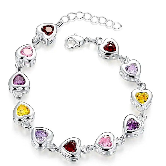 Sterling Silver Heart Multicolor Gemstone 925 Stamped Bracelet - Picture 5 of 13